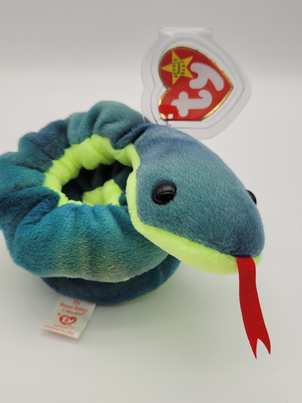 Ty Beany Baby 'Hissy' Plush Coil Snake - Blue & Neon Green with Red Tongue 1997
